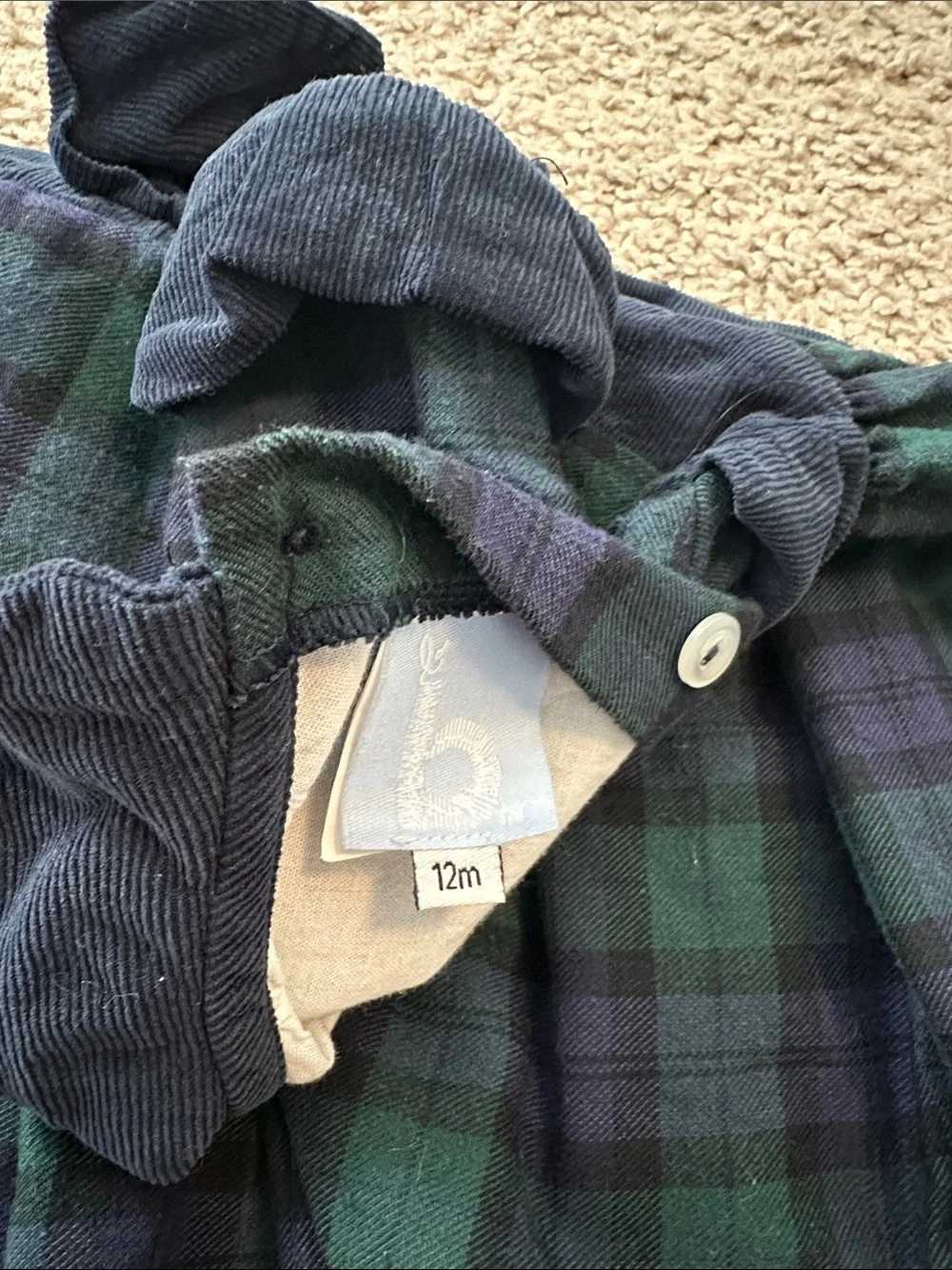 Baby Plaid Green & Navy Dress with sewn in corduroy Belt 12m